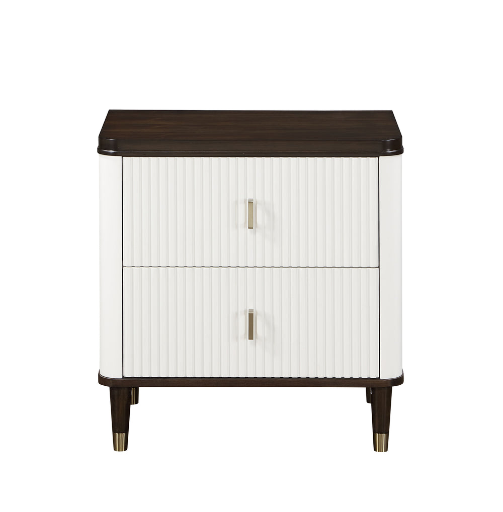 English Elm Modern White and Brown Nightstand with USB Port, 2 Drawers, Slatted Front, Metal-Tipped Legs, Durable Wood B2741P322565