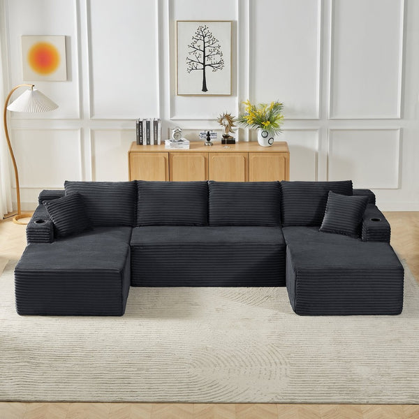 English Elm Compressible Modular U-shaped Cloud Sofa Corduroy Sectional for Spacious Living Rooms Dark Grey W2339S00148