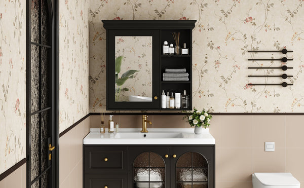 English Elm 30'' Wall-Mounted Medicine Cabinet with Mirror and Adjustable Shelves, Modern MDF Storage Organizer Black N710P209425B