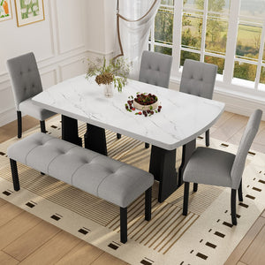 English Elm 6 Piece Dining Set with Rectangular Solid Wood Table, Upholstered Chairs & Bench, Rustic Charm, Easy Assembly, Seats 6 Gray,White N752S000011E