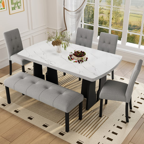 English Elm 6 Piece Dining Set with Rectangular Solid Wood Table, Upholstered Chairs & Bench, Rustic Charm, Easy Assembly, Seats 6 Gray,White N752S000011E