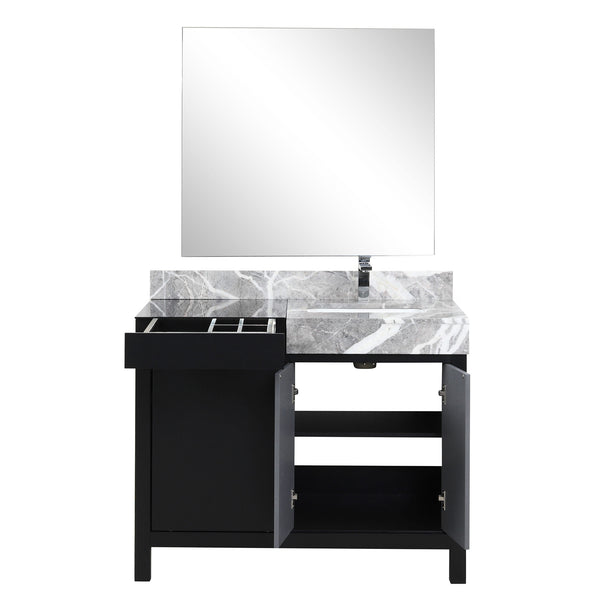 English Elm Black Bath Vanity Set With Castle Grey Marble Top, Chrome Faucet & 34" Mirror For Modern Bathrooms B2731S01353