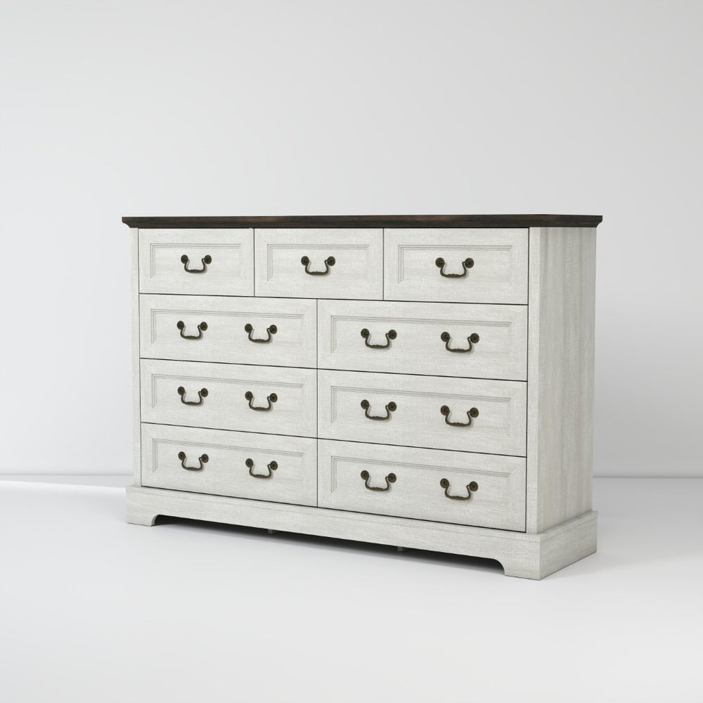 English Elm Farmhouse Nine Drawer Wide Dresser Mdf Build Brass Handles Grey Bedroom Storage B2770P493608