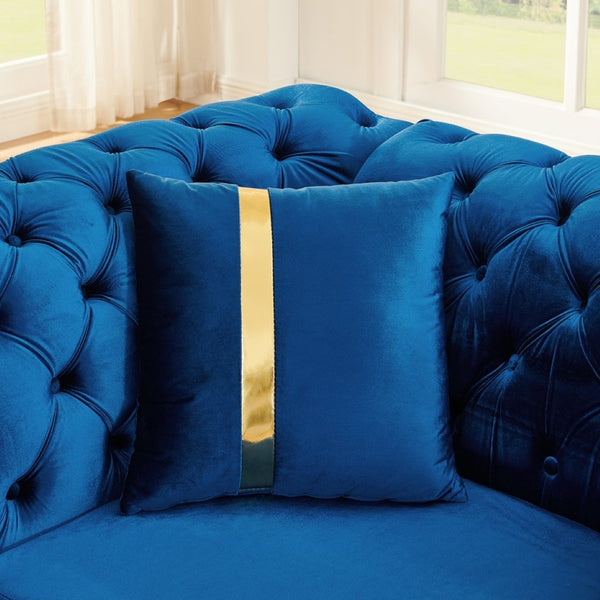 English Elm 106 Inch Velvet Tufted Chesterfield Sectional with Gold Steel Legs for Large Living Rooms Blue W1191S00126