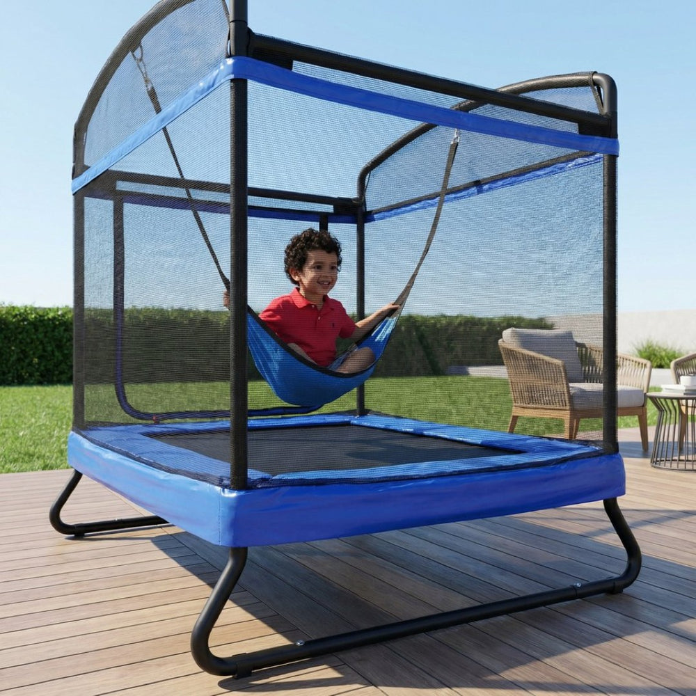 English Elm 4*6ft Outdoor Rectangular Kids Trampoline with Safety Net Swing and Climbing Bar W2071P320537