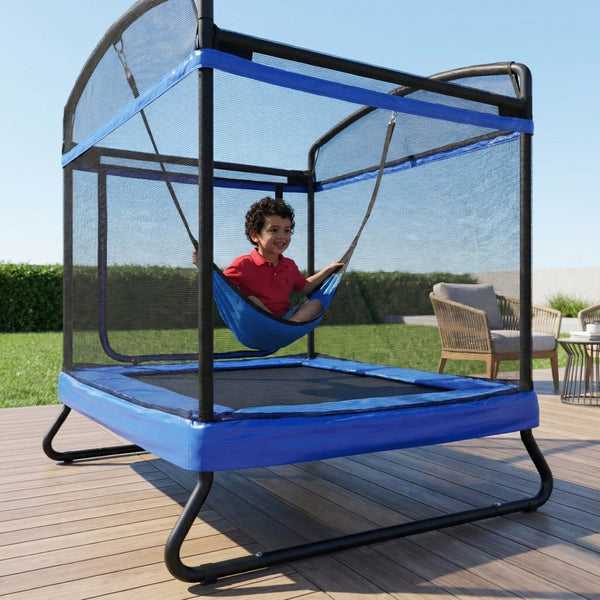 English Elm 4*6ft Outdoor Rectangular Kids Trampoline with Safety Net Swing and Climbing Bar W2071P320537
