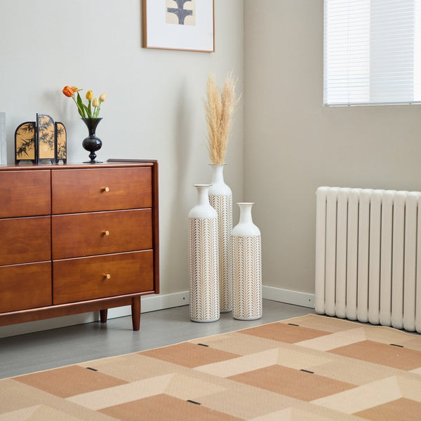 English Elm Floor Metal Vases Set Of 3 - Modern Gold & White Decorative Cylindrical Vases For Elegant Interiors W2796P255615