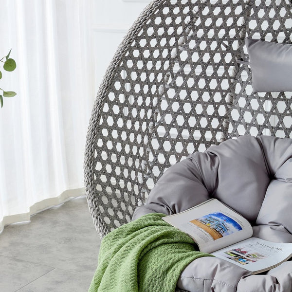English Elm 76.8-inch Hand Woven Rattan Egg Swing Chair Indoor Outdoor with Cushion Lumbar Pillow Gray W1512P498595