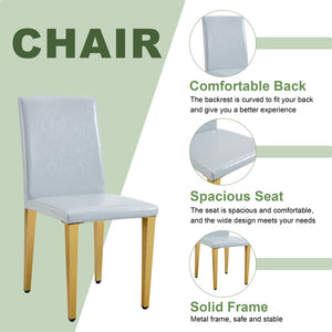 English Elm Table and Chair Set Extendable Round Mdf Top Gold Legs Four Pu Dining Seats Light Gray,White+Gold W1151S04831