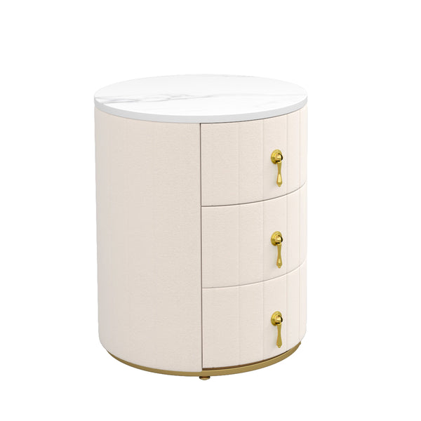 English Elm 2 Upholstered Nightstand Set with 3 Drawers, Round Velvet Bedside Table, Marble Top & Metal Handles Beige 24 L x 19.5 W x 18.89 H N733S272609A