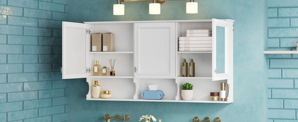 English Elm 55 Inch Wall Mount Medicine Cabinet Dual Mirrored Doors Soft Close Bathroom Vanity Storage N710P401337K