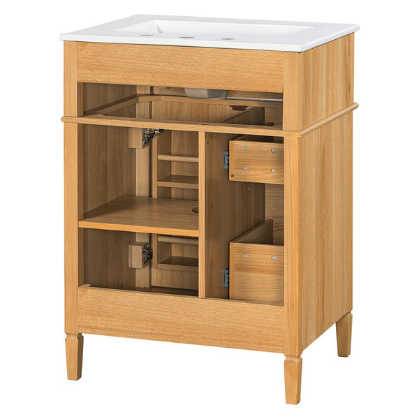 English Elm 24" Solid Pine Bathroom Vanity Cabinet with Ceramic Sink Soft Close Drawers N725P375500N
