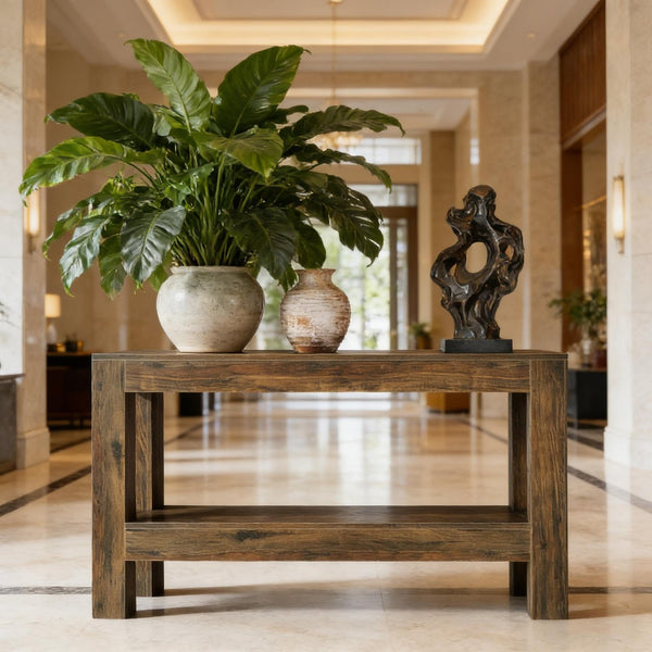 English Elm Practical Geometric Console Table with Matte Black Wood Grain Finish for Entryway or Sofa T3971P453725