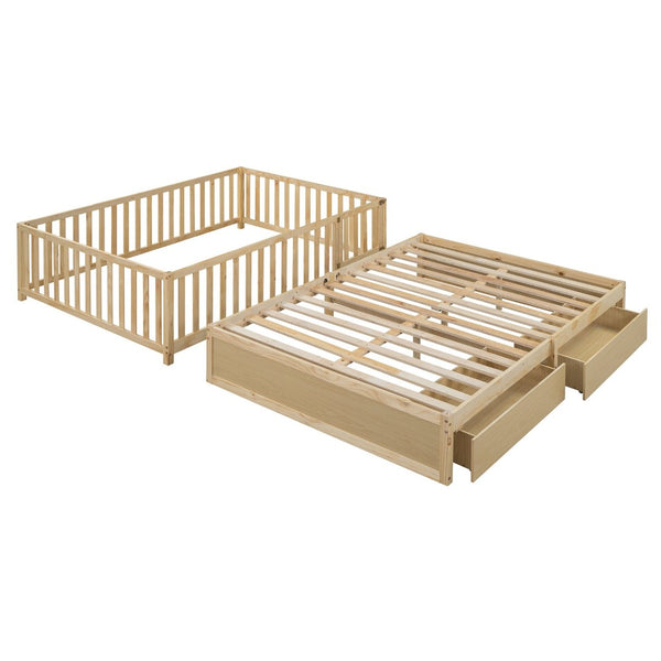 English Elm Full Size Pinewood Kids Daybed with Fence Rails Split Floor Bed and Storage Drawers Natural LP100882AAN