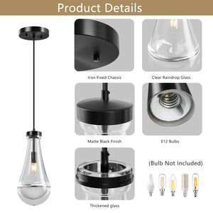 English Elm Raindrop Modern Black Pendant Light, Handblown Glass Raindrop Chandelier for Kitchen Island Elegance W2312P389962