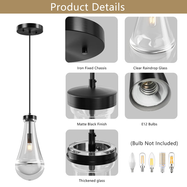 English Elm Raindrop Modern Black Pendant Light, Handblown Glass Raindrop Chandelier for Kitchen Island Elegance W2312P389962