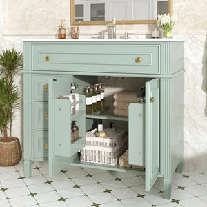 English Elm 36 Inch Freestanding Bathroom Vanity Sage Pine Cabinet Gold Hardware Ceramic Sink Green N725P366468G
