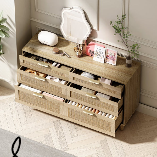 English Elm 51" Rattan Dresser with Six Drawers, Stylish Woven Storage Chest with Metal Handles and Wood Legs for Bedroom Hallway Living Room Natural W757P209506