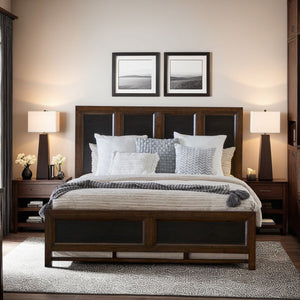 English Elm Queen Rustic Buckeye Panel Bed with Black Slat Details, Pine Solids/Veneers, Arts & Crafts Style Finish B108S00013