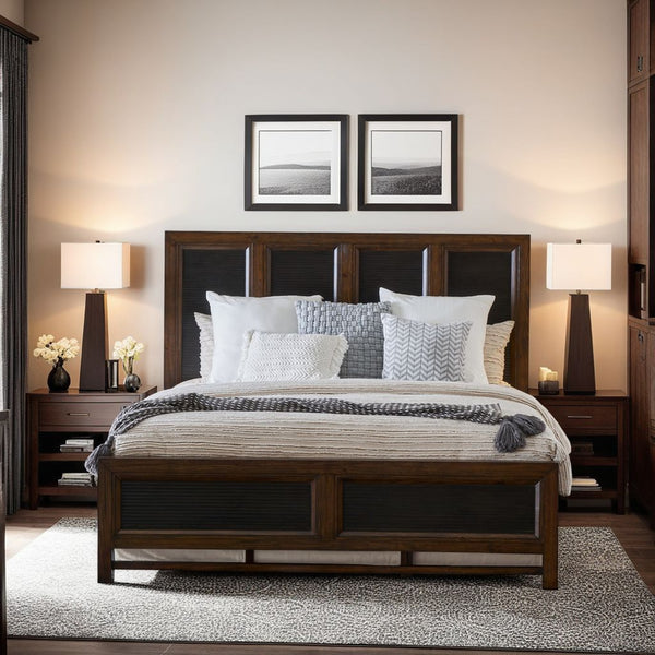 English Elm Queen Rustic Buckeye Panel Bed with Black Slat Details, Pine Solids/Veneers, Arts & Crafts Style Finish B108S00013