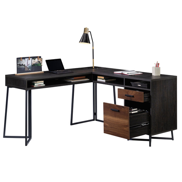 English Elm L-Shaped Desk In Rich Dark Walnut Finish - Space-Saving Workstation With Ample Storage & Cable Management B356P354466