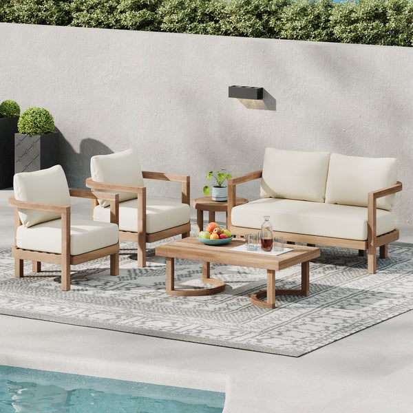 English Elm Christopher Knight Home® - 5-Pieces Acacia Wood Patio Set with Plush Beige Cushions, Coffee & End Tables, Durable Outdoor Seating N780P7230308