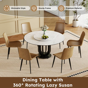 English Elm 59" Round Sintered Stone Dining Table With Lazy Susan & Black Steel Base - Ideal For Modern Spaces W2699S00036