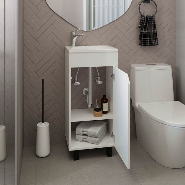 English Elm Bethel Narrow 15.7" One-Door Freestanding Vanity with Resin Sink, White MDF, Space-Saving Bathroom Storage B200P335371
