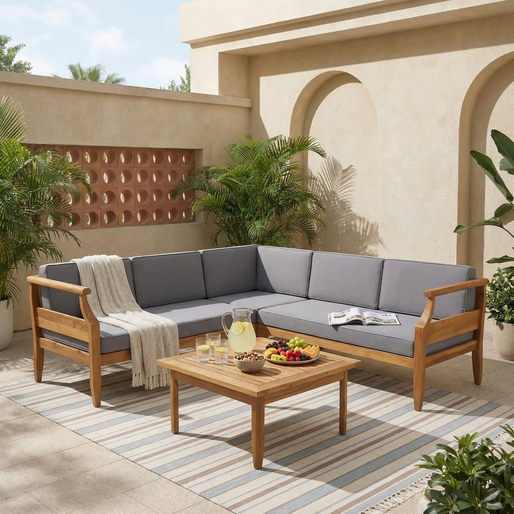 English Elm Aston Outdoor 4 Piece Acacia Wood Chat Set with Mid Century Slat Panel Design 72996.00-72997.00-74099.00DGRY
