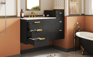 English Elm 30" Bathroom Vanity with Sink — Wall-Mounted Ceramic Basin, Soft-Close Storage, Floating Modern Design Black N710S324096B
