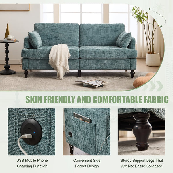 English Elm Modern chenille 2-seater sofa with LED, USB charging, storage pocket, solid wood legs, durable comfort Lake Blue W395P318545