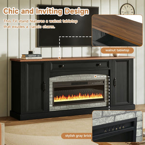 English Elm On-trend Farmhouse Electric Fireplace Console Walnut Veneer Media Cabinet for Living Room Black N721S000069B