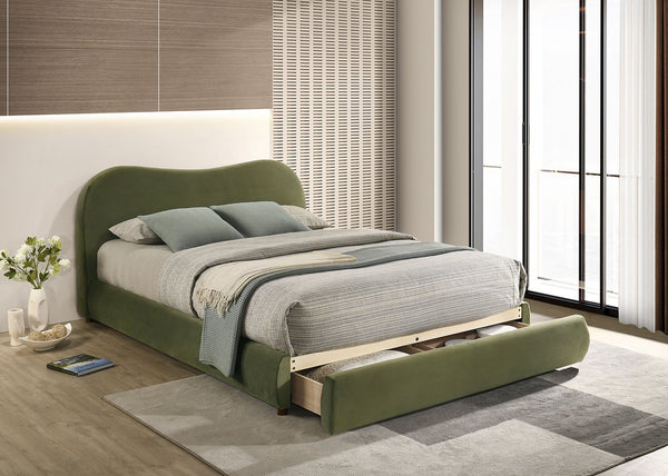 English Elm Olive Curved Upholstered Queen Bed with Built-In Footboard Drawer, Solid Wood Frame, Luxurious Velvet Finish Olive Green 32 L x 21 W x 15 H B2741S00716
