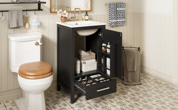 English Elm 18-Inch Modern Bathroom Vanity with Ceramic Sink, Soft-Close Doors, Divider Drawer & Adjusting Feet Black N729P334854B
