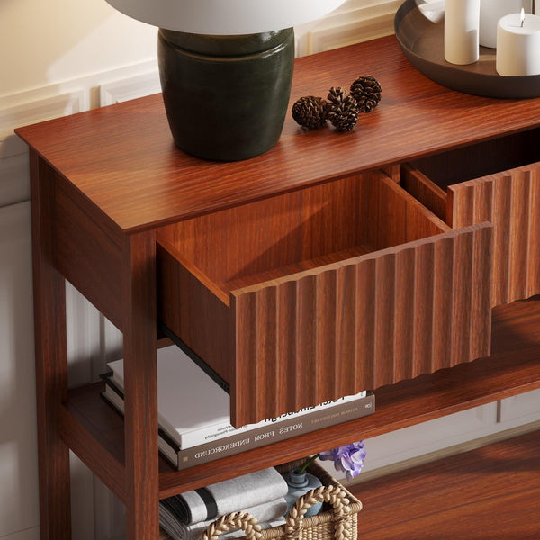 English Elm 47″ Fluted MDF Console Table with 3 Drawers & Open Shelf, Brown Cherry Finish for Entryway Elegance T3771P369064