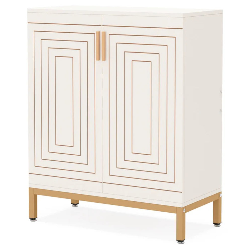 English Elm Durable White Mdf Shoe Cabinet with Gold Legs Geometric Doors Entryway Storage T3971P446476