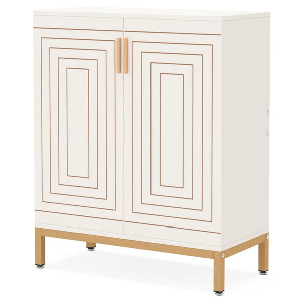 English Elm Durable White Mdf Shoe Cabinet with Gold Legs Geometric Doors Entryway Storage T3971P446476