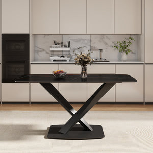 English Elm 63"Modern 63" Modern Sintered Stone Dining Table With Black Metal X-Leg Design For 6 - Stylish & Durable W1535S00535