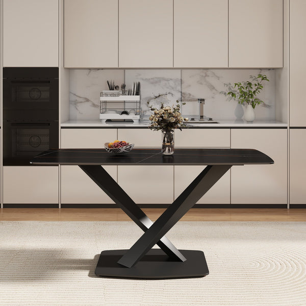 English Elm 63"Modern 63" Modern Sintered Stone Dining Table With Black Metal X-Leg Design For 6 - Stylish & Durable W1535S00535