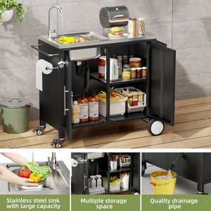 English Elm Outdoor Stainless Steel Grill Cart with Sink Cabinet and Lockable Swivel Wheels W3190P409412