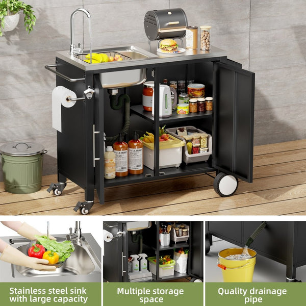 English Elm Outdoor Stainless Steel Grill Cart with Sink Cabinet and Lockable Swivel Wheels W3190P409412
