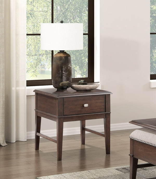 English Elm Classic End Table with USB Charging, Single Drawer & Birch Veneer Brown Finish for Living Room B011P291497