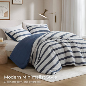 English Elm 3-piece King Yarn-dyed Woven Stripe Comforter Set with Seersucker Texture for Coastal Bedrooms Blue B035P463220