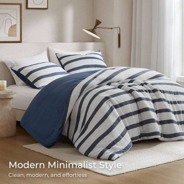 English Elm 3-piece King Yarn-dyed Woven Stripe Comforter Set with Seersucker Texture for Coastal Bedrooms Blue B035P463220