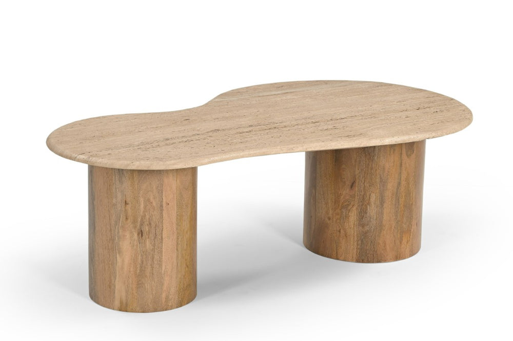 VIG Furniture Sanford Freeform Travertine Marble Coffee Table With Mango Wood Base, Sculptural Two-Leg Design, 47.25" VGBR-SBA-4786
