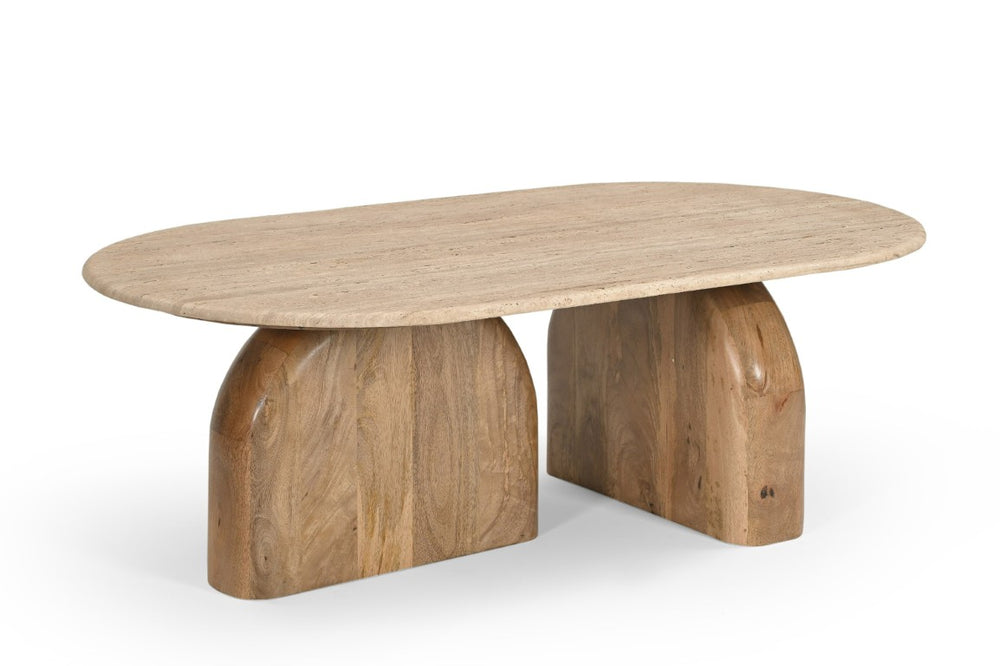 VIG Furniture Kellison Oval Travertine Marble Coffee Table With Mango Wood Bases — Sculptural, Durable Centerpiece VGBR-SBA-4807