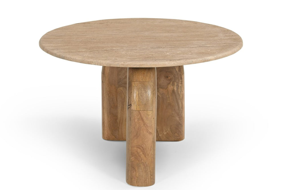 VIG Furniture Kellison Travertine Marble Round End Table With Sculptural Mango Wood Legs, Minimalist Accent VGBR-SBA-4808