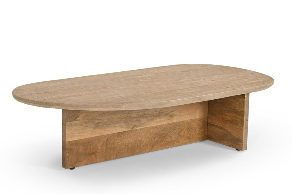 VIG Furniture Chisholm Freeform Coffee Table In Travertine Beige Marble & Mango Wood — Sculptural, Durable Centerpiece (98) VGBR-SBA-2536