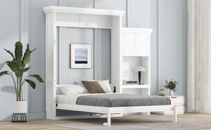 English Elm Queen Size Murphy Bed With Stylish Louvered Design, Multi-Storage Shelves, And Elegant White Finish N7090004018K-GIGA