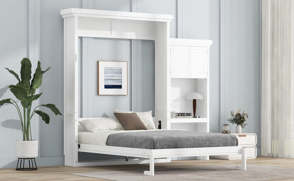 English Elm Queen Size Murphy Bed With Stylish Louvered Design, Multi-Storage Shelves, And Elegant White Finish N7090004018K-GIGA
